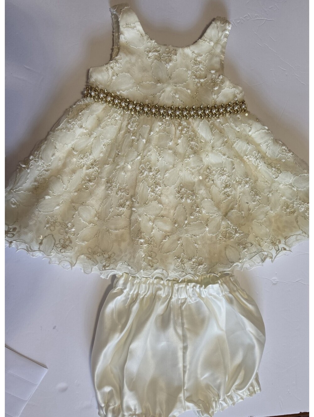 American Princess Baby 12 Months 2-Piece Ivory/Gold Tulle Lace Dress & Bloomers